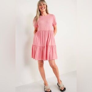 Short-Sleeve Tiered Mini Swing Dress - Pink - S